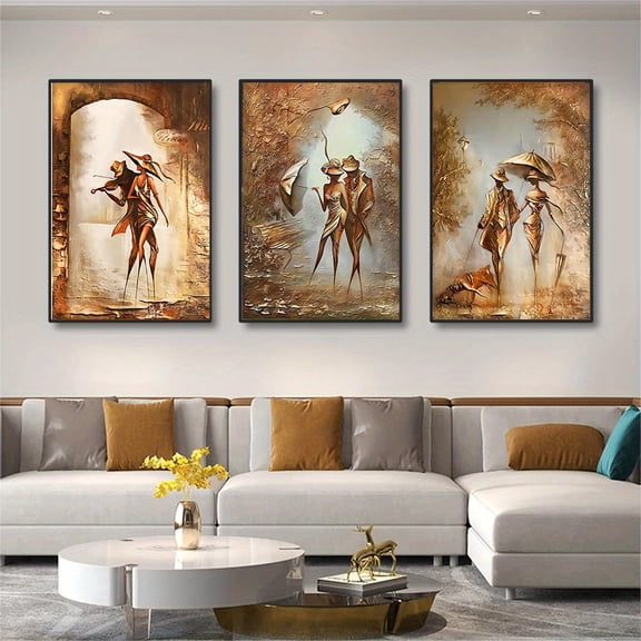 [2D Flat] 3pcs Vintage Abstract Romantic Couple and Family Canvas Wall Art Set - Elegant Oil Painting for Living Room and Dining Room Decor. Unframed, 3pcs unframe, Wall Decoration