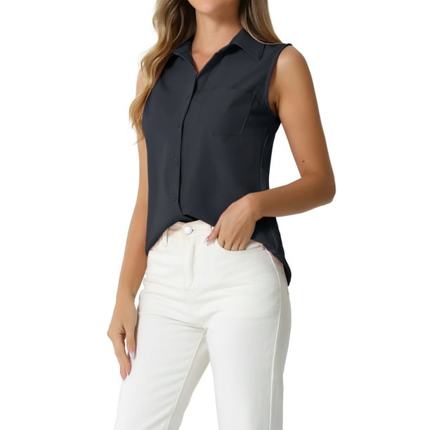 CAMISA SIN MANGAS DE BOTONES PARA MUJER INSPIRADA CHIC CON CUELLO