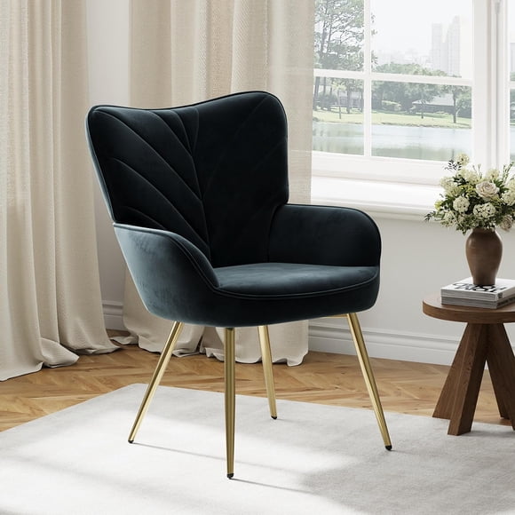 Mid-Century Modern Chair Upholstered Velvet Armchair with Curved Back & Padded Armrests High-Density Cushion Metal Legs Side Armchair for Living Room/Bedroom/Reading Corner