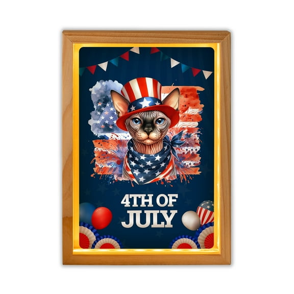 Patriotic Sphynx Celebrates 4th of July Acrylic Plaque with Wood Photo Frame Box Cat Lover Kitten Owner Gifts Idea Light Box - 02009