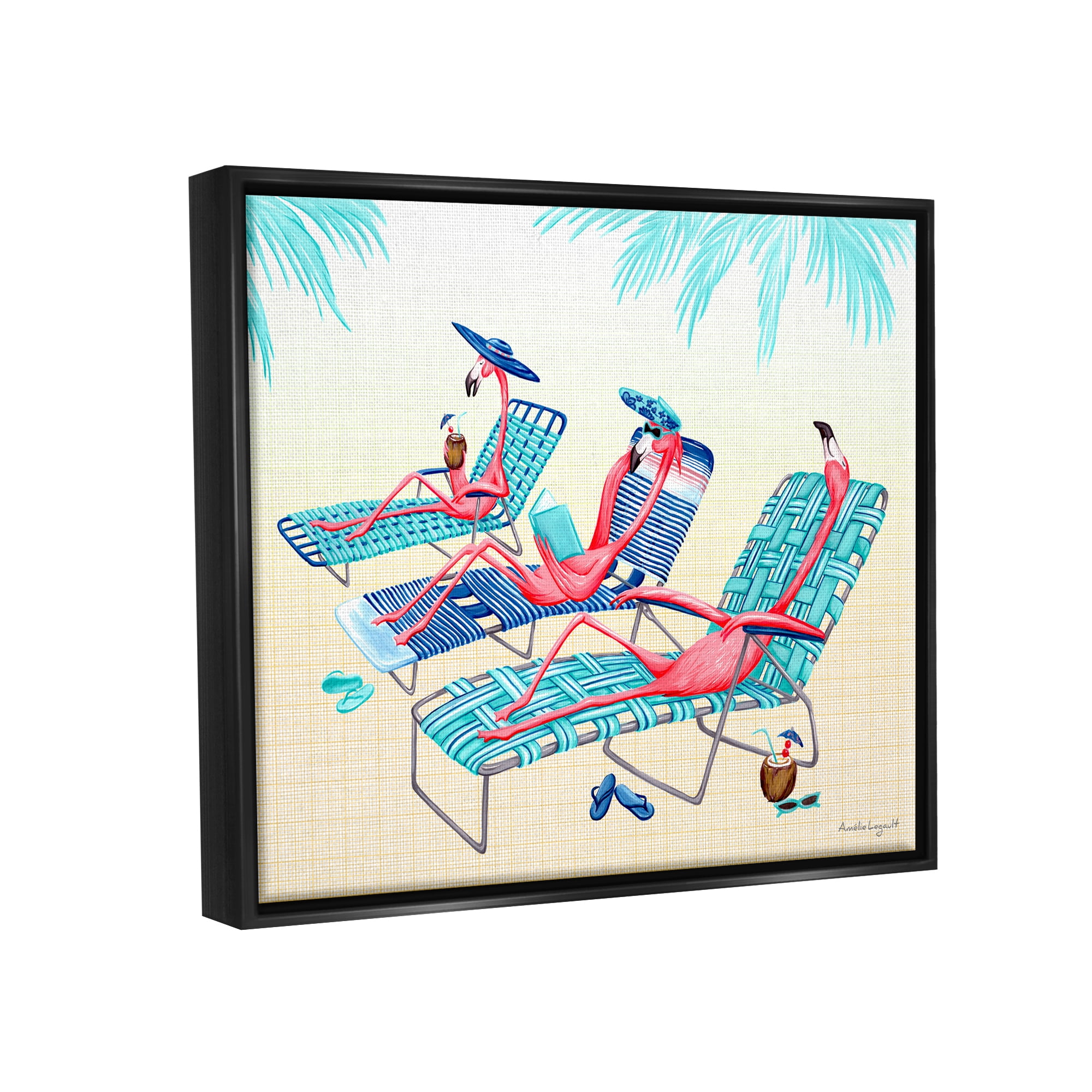 Stupell Industries Pink Flamingos Lounging Beach Chairs Tropical Scene Graphic Art Jet Black Floating Framed Canvas Print Wall Art, Design by Amelie Legault