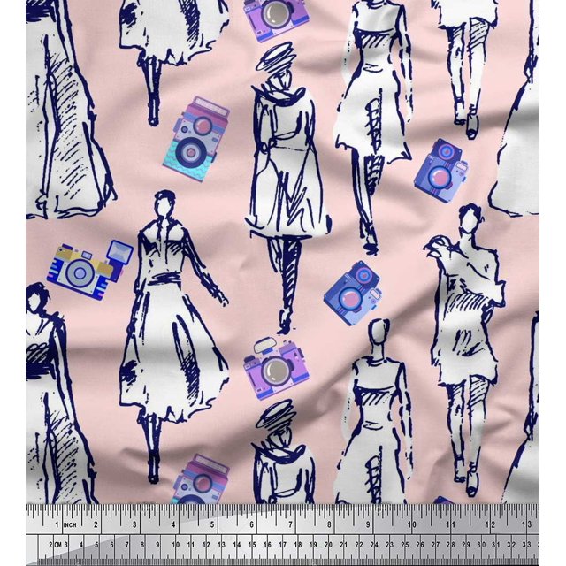 Soimoi Poly Georgette Fabric Women & Camera Fashion Print Sewing Fabric Yard 42 Inch Wide