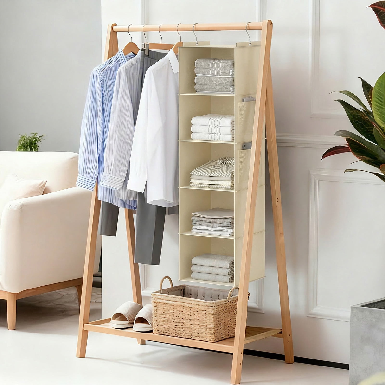 Closet Hanging Storage Shelves, 6-Shelf Hanging Closet Organizer with Bamboo Inserts, Foldable Closet Organizers and Storage for Bedroom,Sturdy Hook Closet Storage W/ 2 Side Pockets,Gray