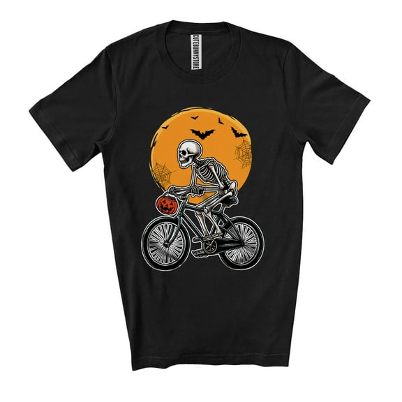 Skeleton Riding Bicycle; Humorous Halloween Moon Skeleton Candy Pumpkin; Boys Family Group Unisex T-Shirt