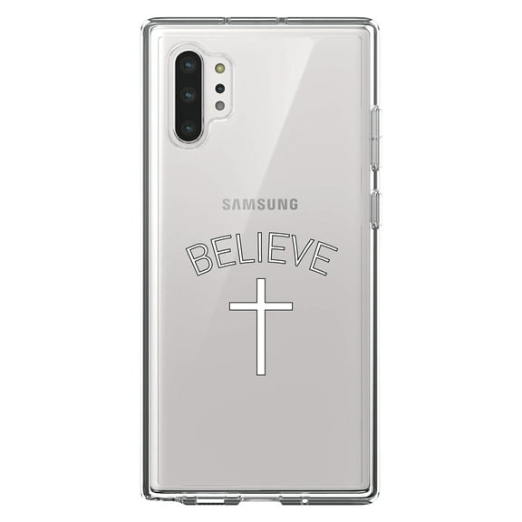 DistinctInk Clear Shockproof Hybrid Case for Galaxy Note 10 PLUS (6.8" Screen) - TPU Bumper Acrylic Back Tempered Glass Screen Protector - BELIEVE - Cross, Jesus
