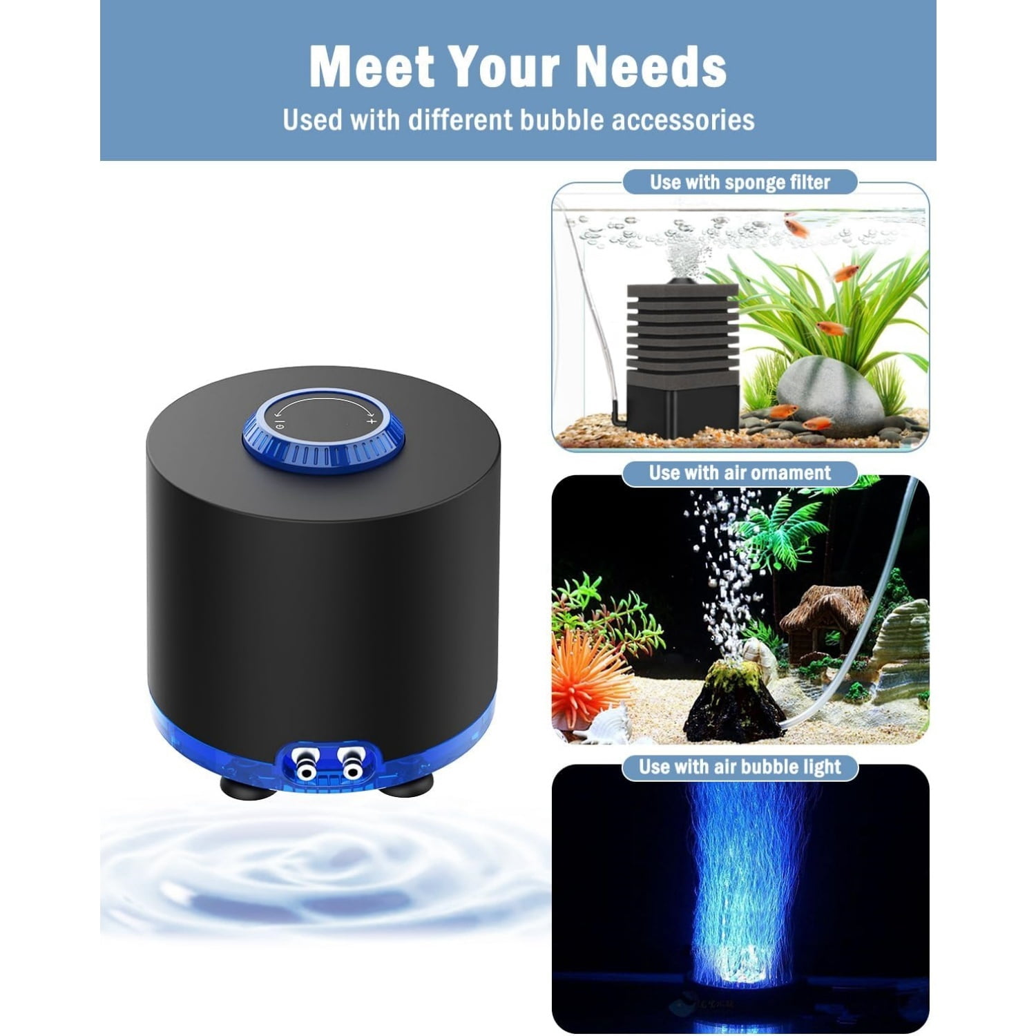 Aquarium Air Pump, Quiet Powerful Fish Tank Air Pump 3W/6W/10W with Stainless Steel Dual Outlet, Adjustable Oxygen Aerator Pump with Air Stone Bubbler for Fish Tank Up to 200 Gallon 10W