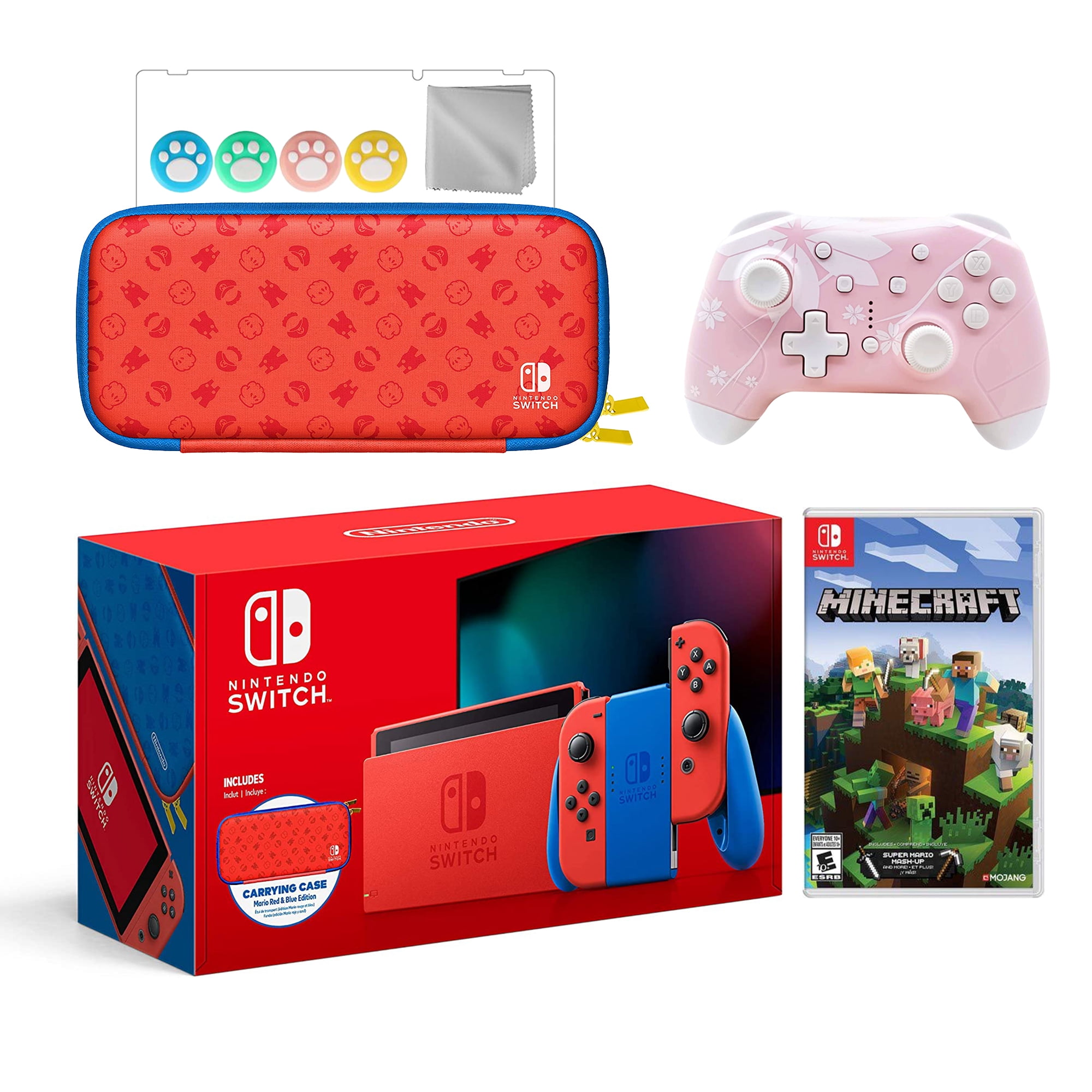 21 New Nintendo Switch Mario Red Blue Limited Edition With Mario Iconography Carrying Case Bundle With Minecraft And Mytrix Wireless Switch Pro Controller And Accessories Walmart Com