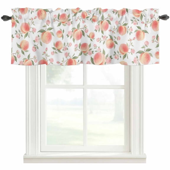 Peach Valances for Windows Farmhouse Kitchen Curtains Valances Rod Pocket Valance Curtains for Windows Spring Floral Green Leaf Botanical Pink Fruit Window Valances for Bathroom Bedroom 42"x12"