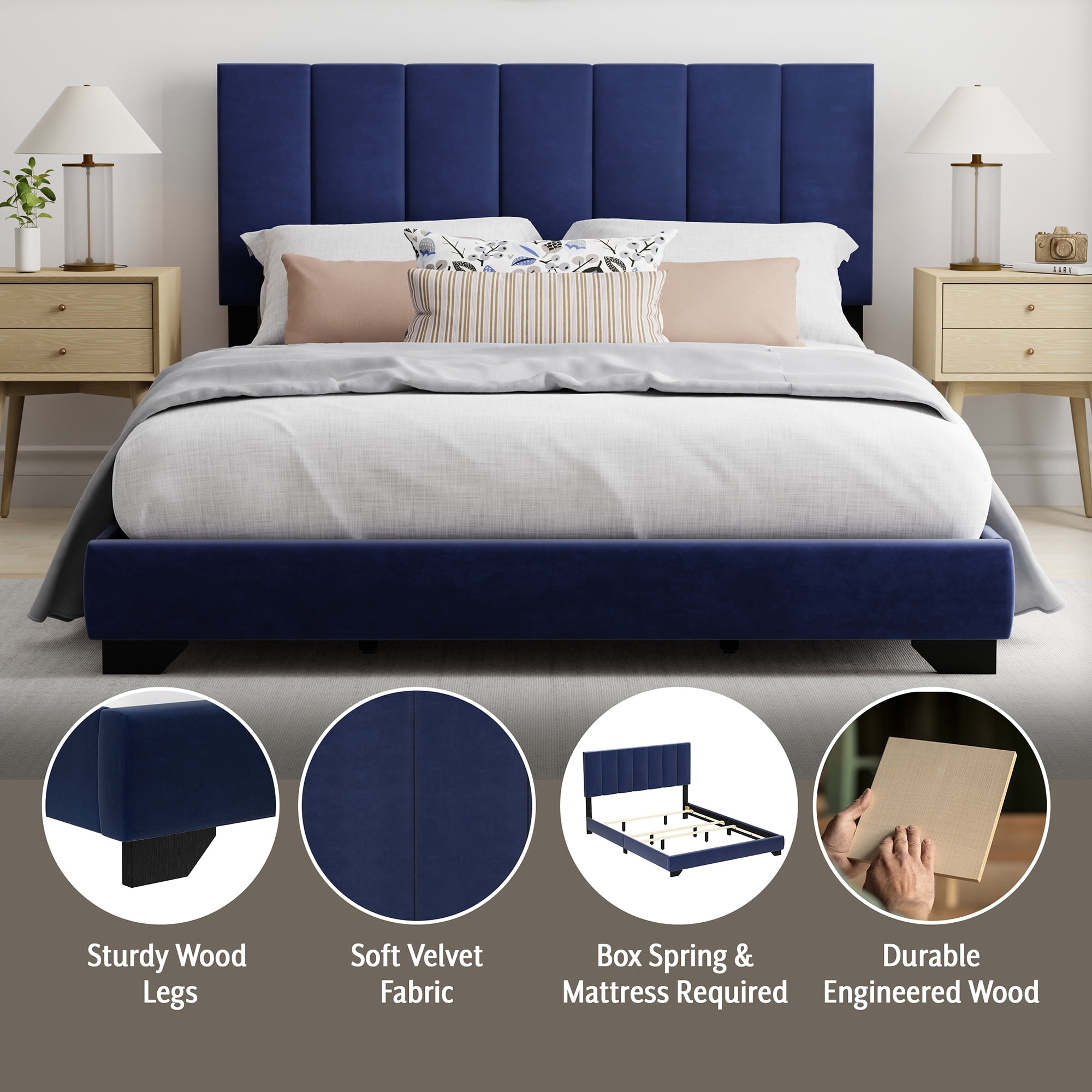 Reece Channel Stitched Upholstered Queen Bed, Sapphire Blue, by Hillsdale Living Essentials