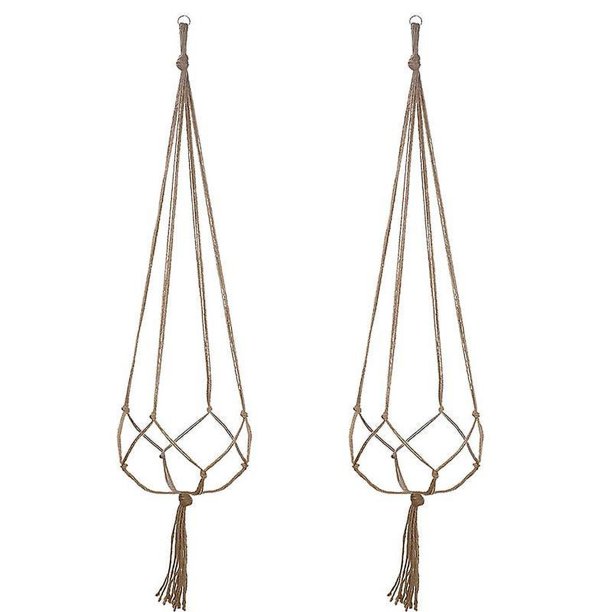 Colgador de macramé para plantas, cuerda hecha a mano con llavero de acero inoxidable para colgar fácilmente, decoración de interior y exterior de estilo rústico de yute natural (2 piezas)