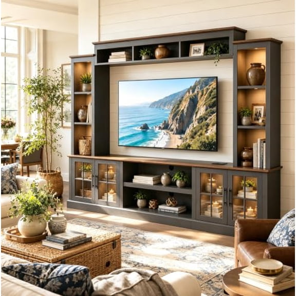 Farmhouse TV Stand 98" Entertainment Wall Unit with Barn Doors, Built-in Power Outlets, Open Bookshelves & Storage Cabinets, Media Console Fits TVs Up to 75 Inch for Living Room, Black