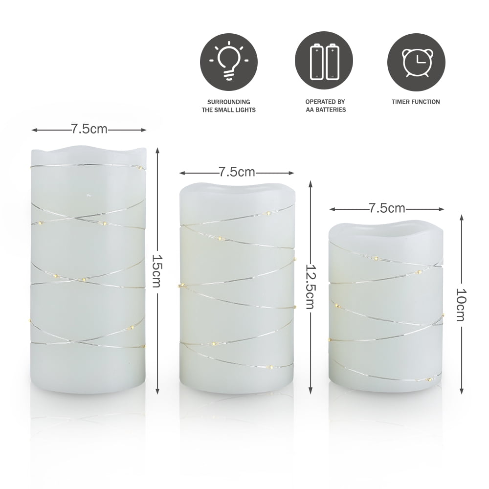 Flickering Flameless Candles Ivory Real Wax Pillar with Embedded String Lights LED Candles Battery Operated with Cycling 5H Timer Set of 3 (3" x 4"/5"/6")