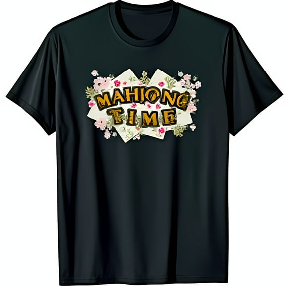 Colorful Mahjong Graphic Black T-Shirt with Whimsical Design