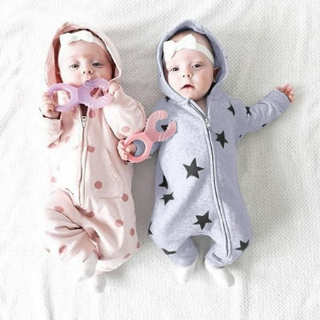 

Newborn Infant Baby Girls Boys Stars Print Hooded Zipper Romper Jumpsuit Outfits Fragarn