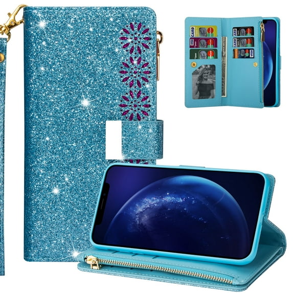 iPhone 11 6.1" Case, Allytech PU Leather Folio Flip Kickstand Wrist Strap Cards Slots Shockproof Mangetic Closure TPU Back Cover Wallet Case for Apple iPhone 6.1", Skyblue