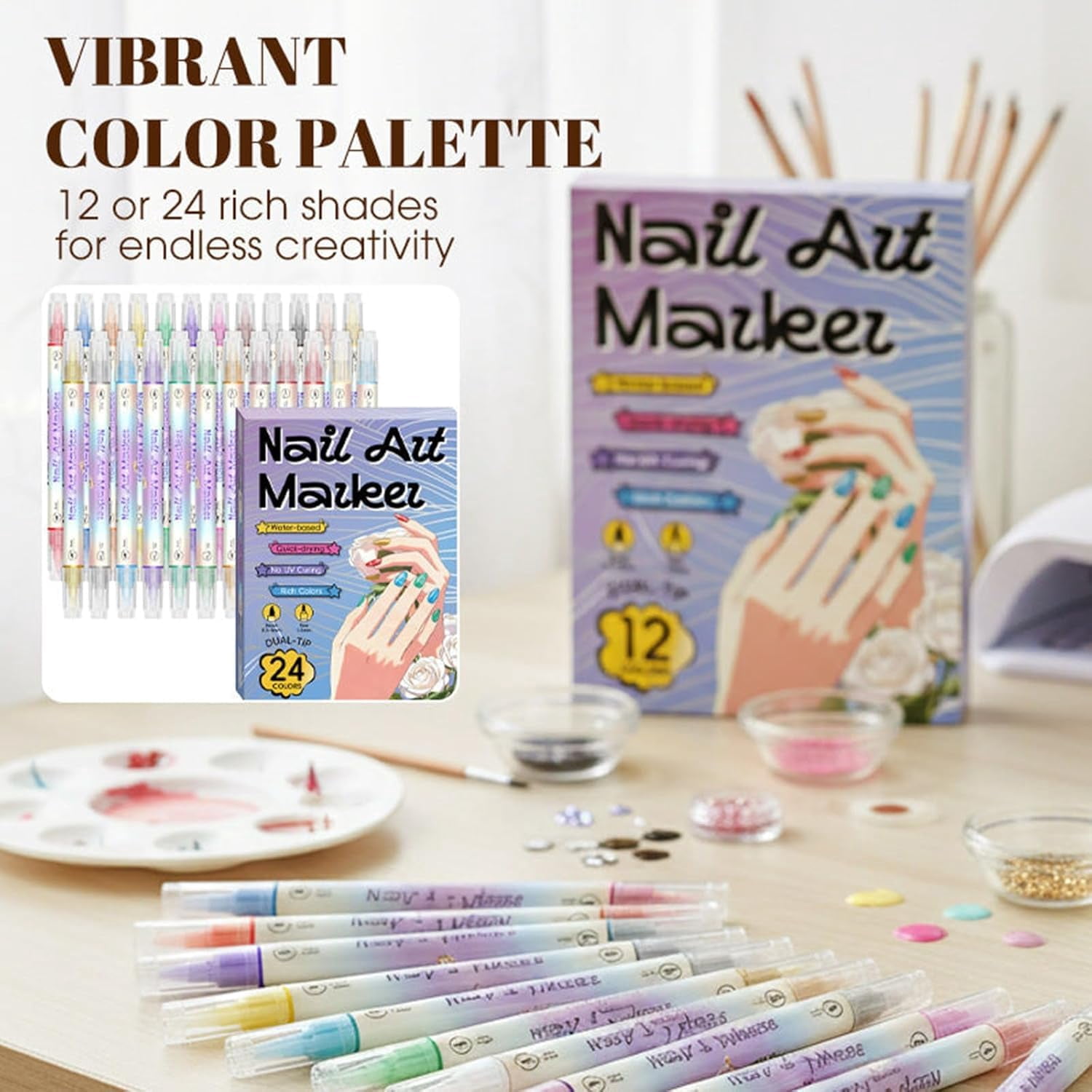 12/24 Color Nail Doodle Pen, 0.5 MM Nail Polish Pens Set, Dual-Tip Nails Art Markers, Waterproof and Quick-dryingNail for DIY Nails Art Design Manicure Tools (24 Color)