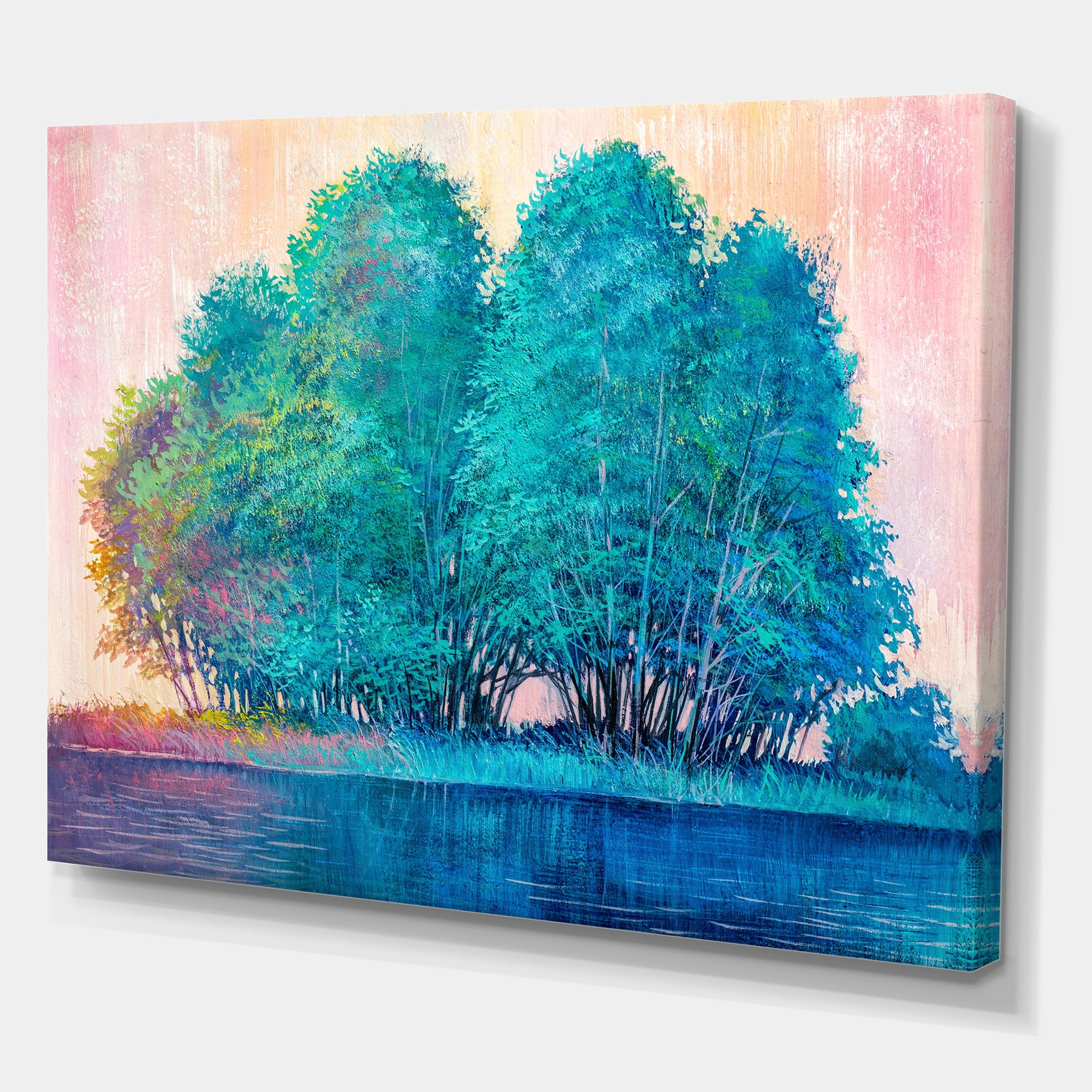 Designart ' Blue Coloured Tree Impression By Lakeside ' Lake House Canvas Wall Art Print