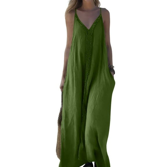 Linen Dress, Spaghetti Strap Casual Sleeveless Maxi Dress Loose Fit Beach Holiday Party Vacation Dresses Ruched For Women Wedding Guest Dresses Formal Gold Dresses Outfit (XL, Green) ZMTing