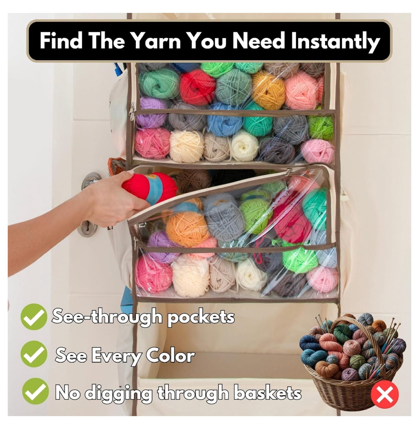 Yarn Heaven Storage Organizer – Over The Door & Closet Hanging Yarn Bag for Crochet & Knitting, Skein Holder Holds 200+ Skeins with Clear Pockets for Yarn Stash, & Needles