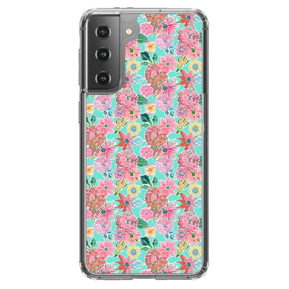 DistinctInk Clear Shockproof Hybrid Case for Galaxy S21  PLUS 5G (6.7" Screen) - TPU Bumper, Acrylic Back, Tempered Glass Screen Protector - Preppy Pattern - Pink Flowers on Teal Background