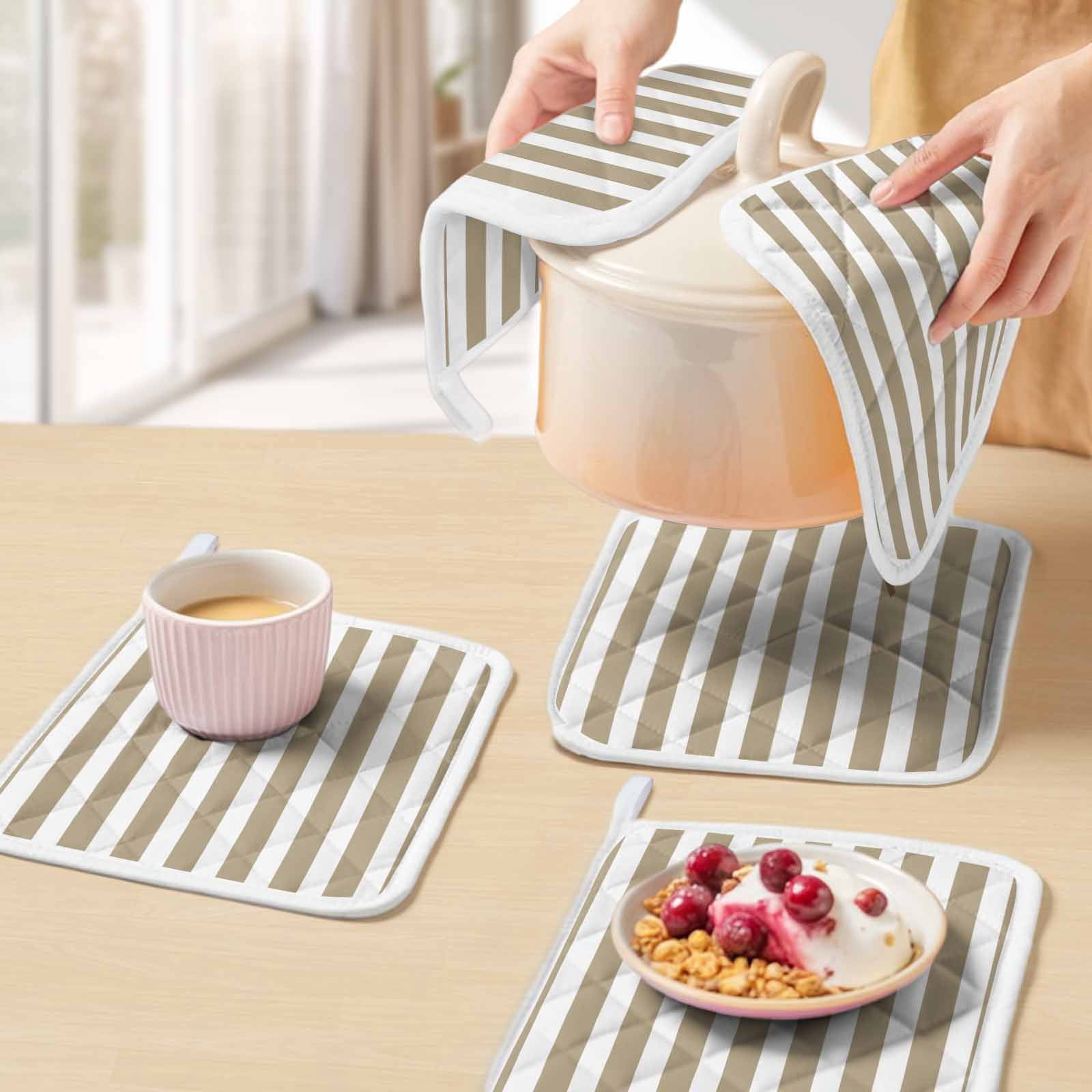 Beige Striped Pot Holders for Kitchen Heatproof Potholder, 3 Pack Modern Farmhouse Beige White Stripes Hot Pads Multipurpose Oven Pads Cloth Potholders Trivet for Cooking Baking