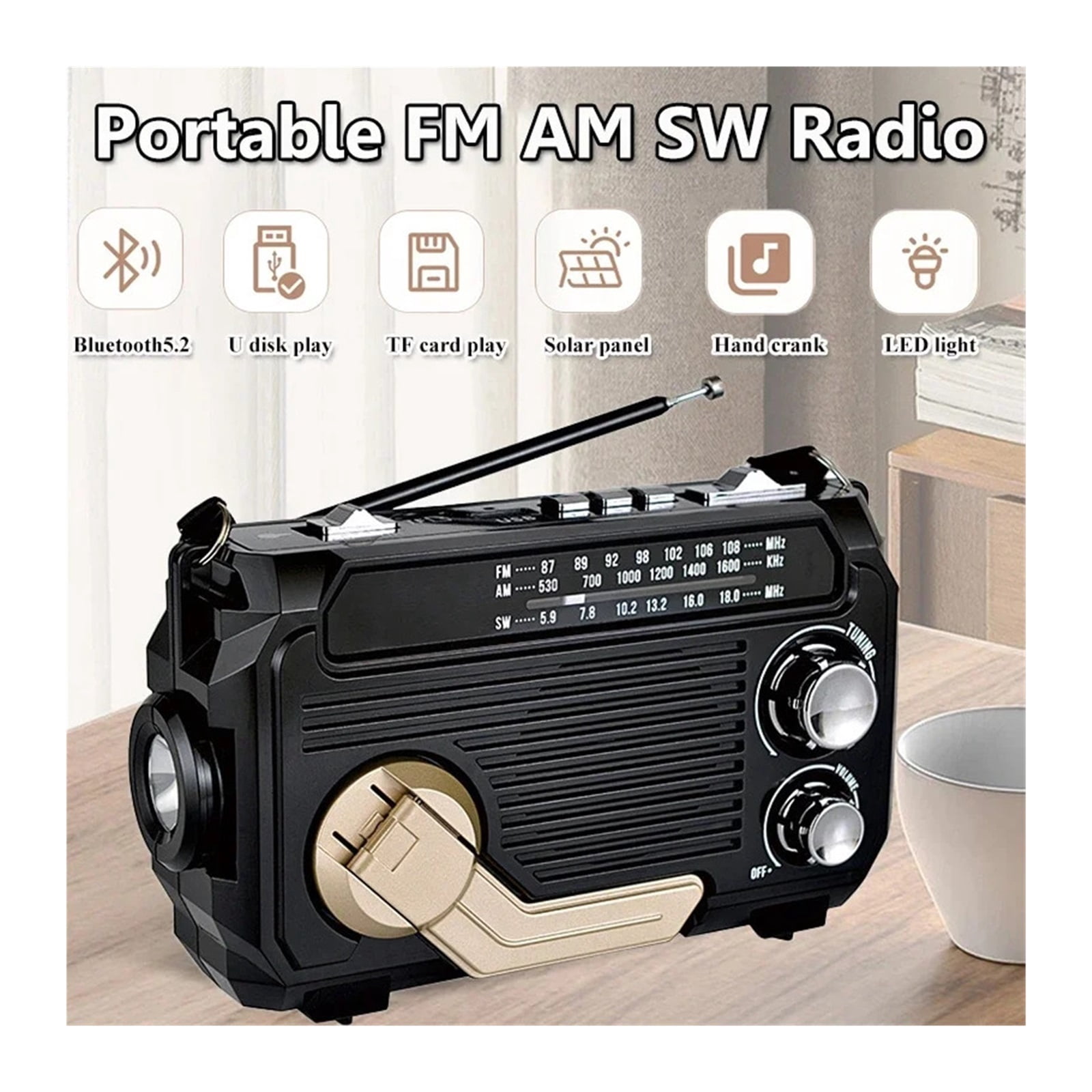 Portable High Sensitivity FM AM SW Radio Solar Charging Emergency Receiver Hand Crank Bluetooth Speaker Music Player AUX ,Listen Anytime, Anywhere