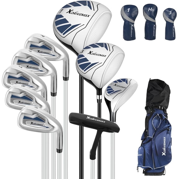 XDriveMax 10 Pieces Complete Mens Golf Clubs Set Right Hand for Men Includes Stand Bag with Rain Hood, 1#Driver 3#Wood #5 Hybrid,with 3 Head Covers, 6# 7# 8# 9# PW# Irons and Putter Navy Blue