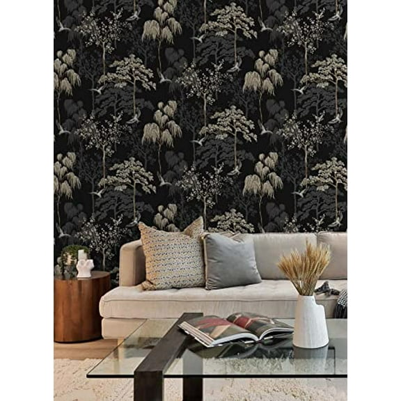 NextWall Bird Garden Peel and Stick Wallpaper (Black)