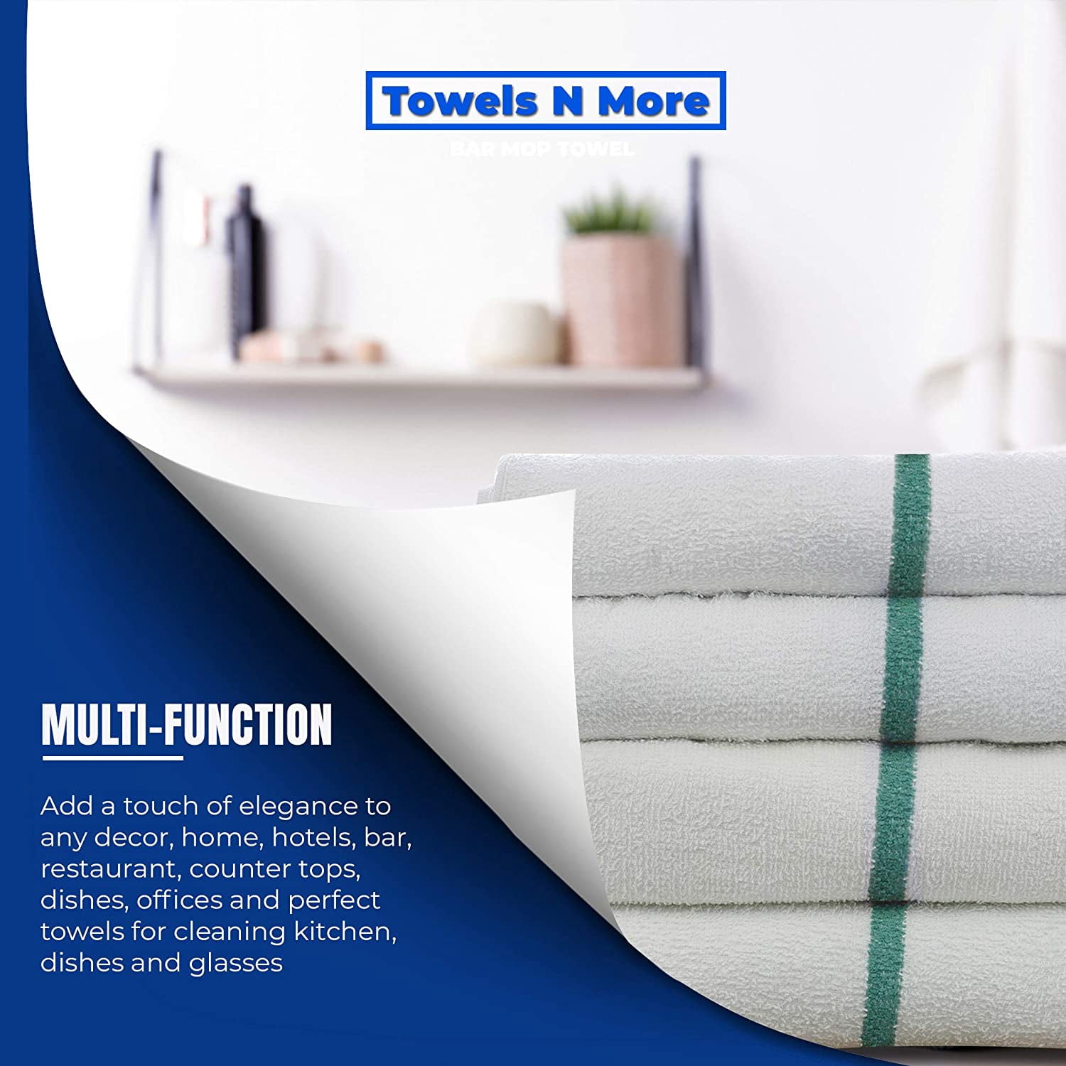 60 Commercial Grade All Purpose 16x19 Bulk Bar Mop Towels 31oz for Home Kitchen, Bar, Restaurant (Green Stripe) Towels N More
