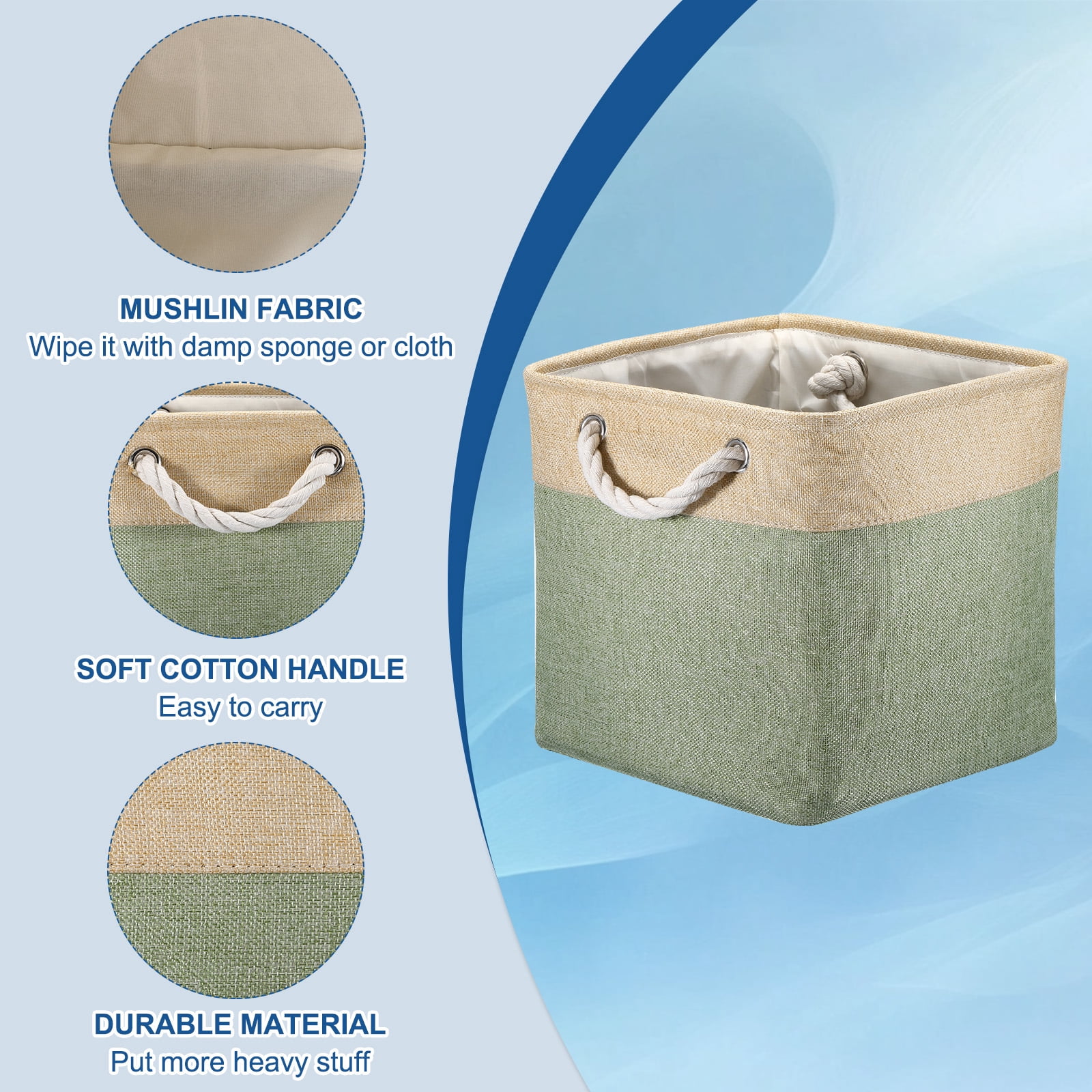 Unique Bargains Storage Baskets Fabric Collapsible Cube Basket w Handles Beige, Green