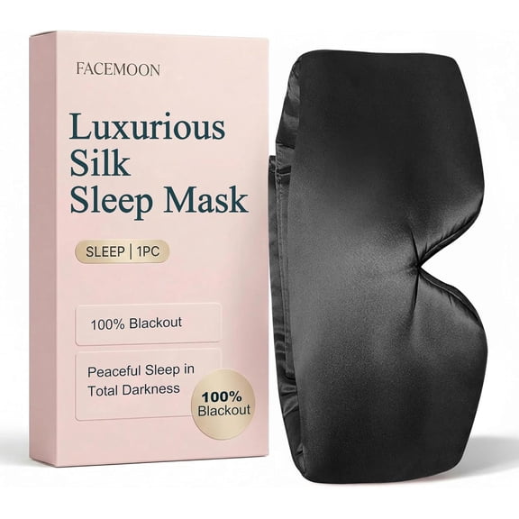 FACEMOON 100% Pure Silk Sleep Mask, 100% Blackout Padded Eye Mask with Nose Bridge Light Block, Adjustable Hook and Loop Strap for Travel and Naps
