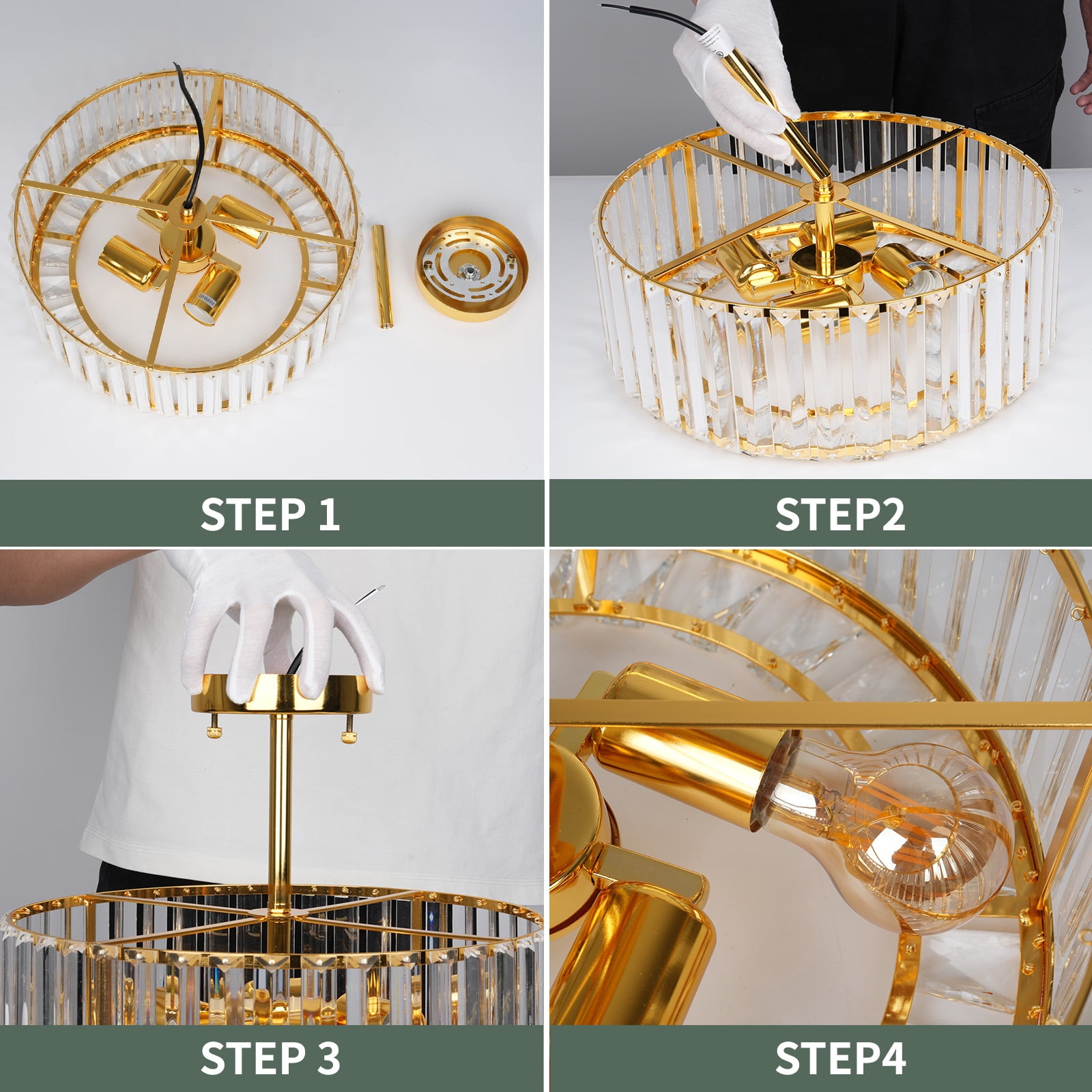 FRIDEKO HOME 14.5" Crystal Semi Flush Mount Ceiling Light Fixture, Modern Gold Drum Chandelier for Living Room Bedroom Kitchen Hallway Entryway, E26 Base, 4-Light (Bulbs not included)