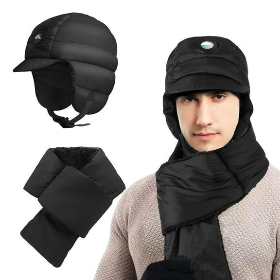 Winter Hat Scarf Set for Men Women, Adjustable Ultralight Heated Hat Scarf 2 in 1 Set with Thermal Fleece Lining for Skiing Hiking Running Outdoor Sports, Black