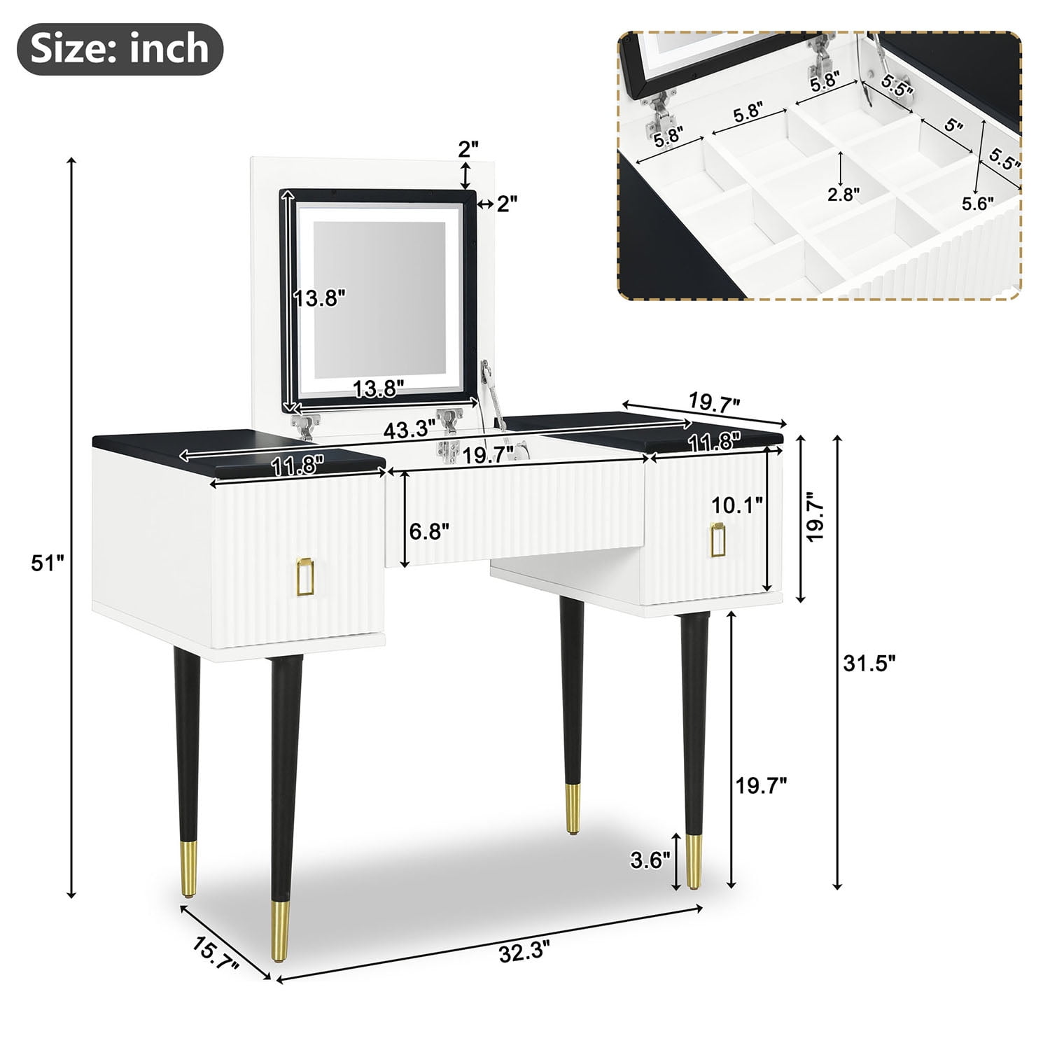 Kadyn 43.3" Modern Vanity Table Set with Flip-top Mirror and LED Light, Dressing Table with Customizable Storage, Black White