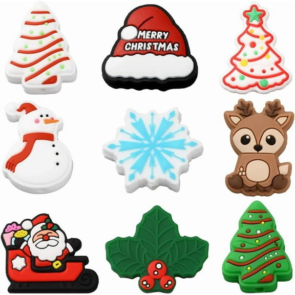 1set 18Pcs 9 Styles Christmas Silicone Bead Holiday Focal Beads Bulk Red Green Soft Rubber Winter Character Xmas Snowman Snowflake Tree Pen Bead for Jewelry Making Keychain Bracelet DIY Crafts