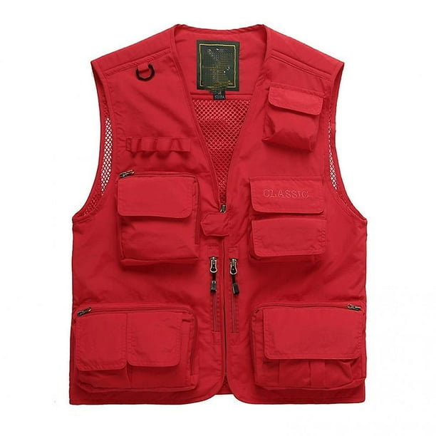 Men's Casual Outdoor Work Safari Fishing Travel Photo Cargo Vest Jacket  Multi Pocketsred 