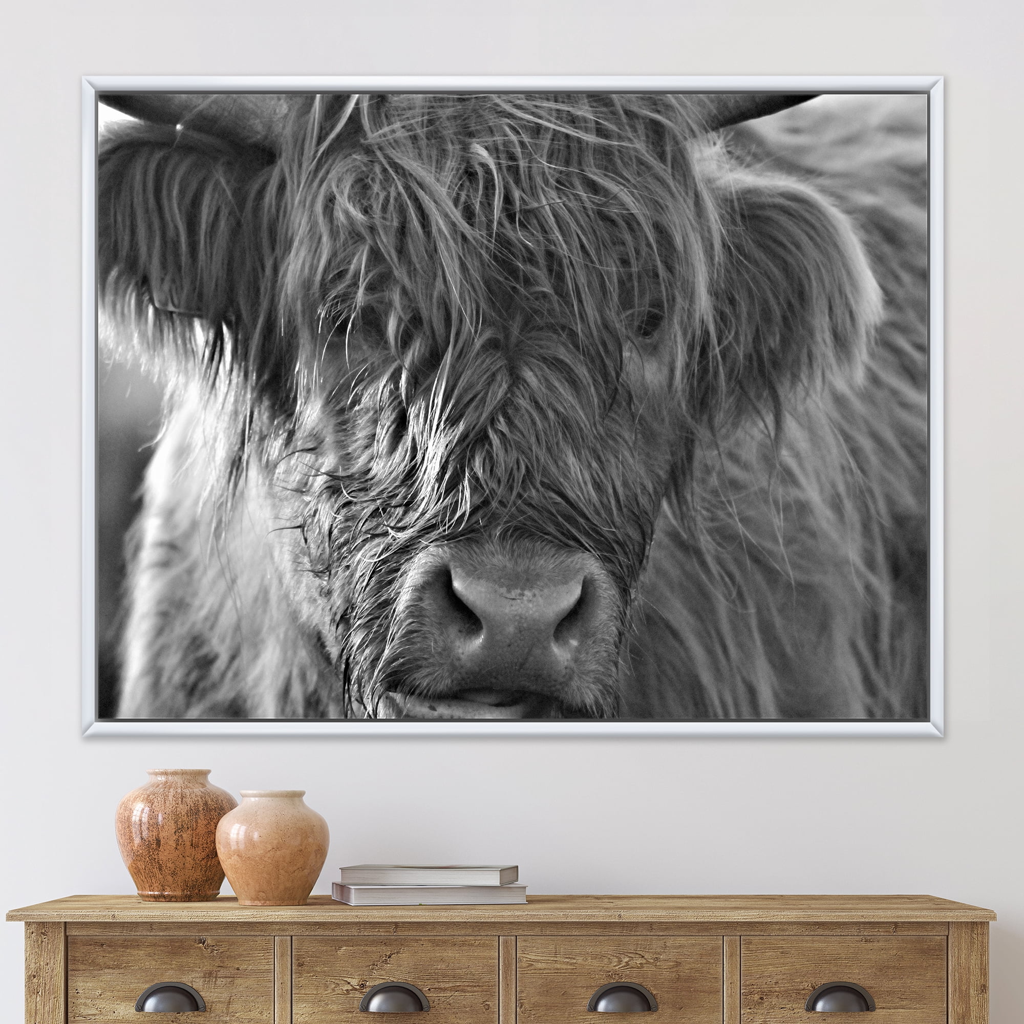 Close Up Scottish Highland Cows Living On Moorland 20 in x 12 in Framed Photography Canvas Art Print, by Designart