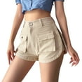 thumbnail image 2 of Neinkie Multi Pockets Button Fly A-Line Irregular Cutting Denim Shorts High-Waist Solid Color Cargo Hot Pants Streetwear, 2 of 9