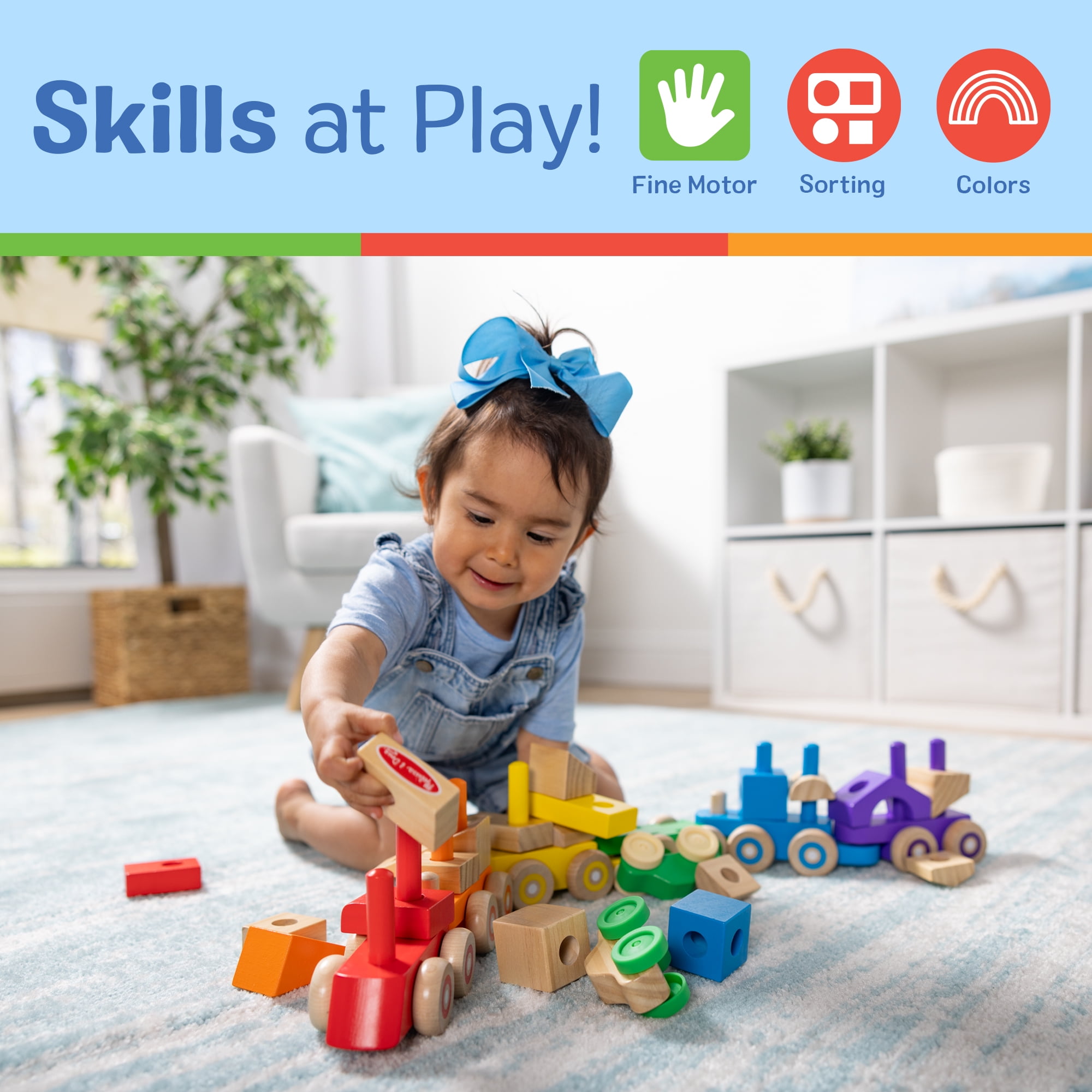 Melissa & Doug Deluxe Wooden Stacking Train, 32 Inch Length, 6 Cars, 19 Blocks, 2 Vehicles, for Toddlers 2+