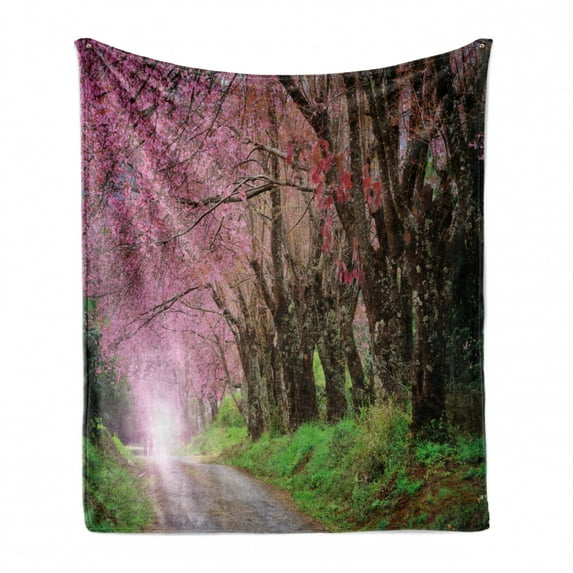 Japanese Garden Soft Flannel Fleece Throw Blanket, National Park in Chiang Mai Cherry Blossoms Spring Picture, Cozy Plush for Indoor and Outdoor Use, 70" x 90", Fuchsia Brown Fern Green, by Ambesonne
