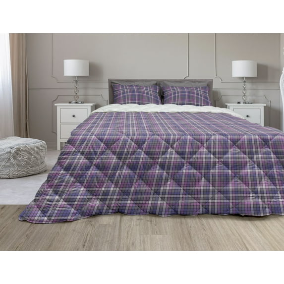 Plaid Comforter & Sham Bedding Set, Illustration of Checkered Inspired Design, 3 pcs Duvet Set Microfiber Filling Quilt, 5 Sizes, Violet Blue Pale Fuchsia, by Ambesonne
