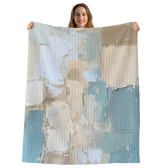 Modern Abstract Throw Blanket, Flannel Fleece Blanket with Striped Design for Couch, Blue Brown Color Blocks Soft Breathable All Season Plush Blankets for Sofa Office Bed 50"x60"