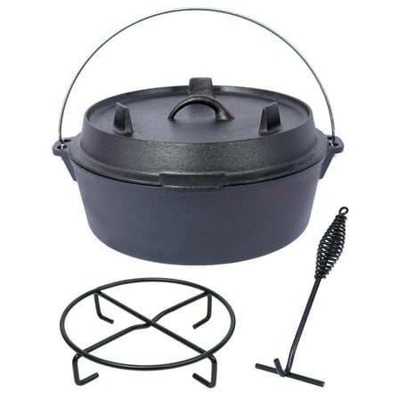 Pre-Seasoned Cast Iron Dutch Oven With Skillet Lid, Outdoor Camping Deep Pot for Camping Fireplace Cooking BBQ Baking Campfire, With Iron Pot Rack, 12 Quart