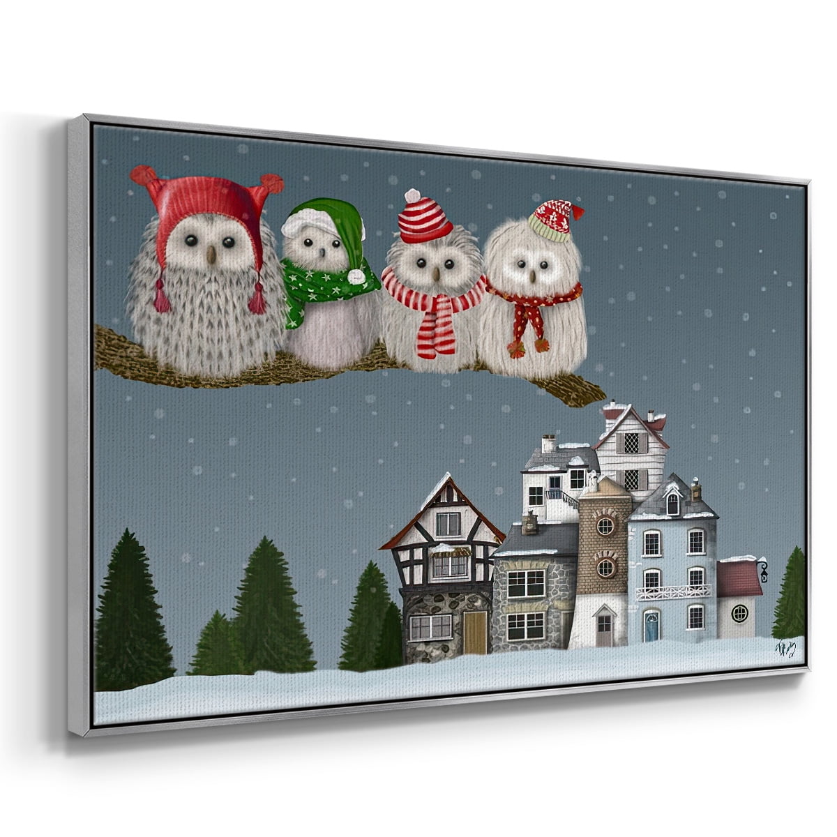 Christmas Christmas Owl Village - Framed Gallery Wrapped Holiday Canvas - 25 x 37 - Silver Frame