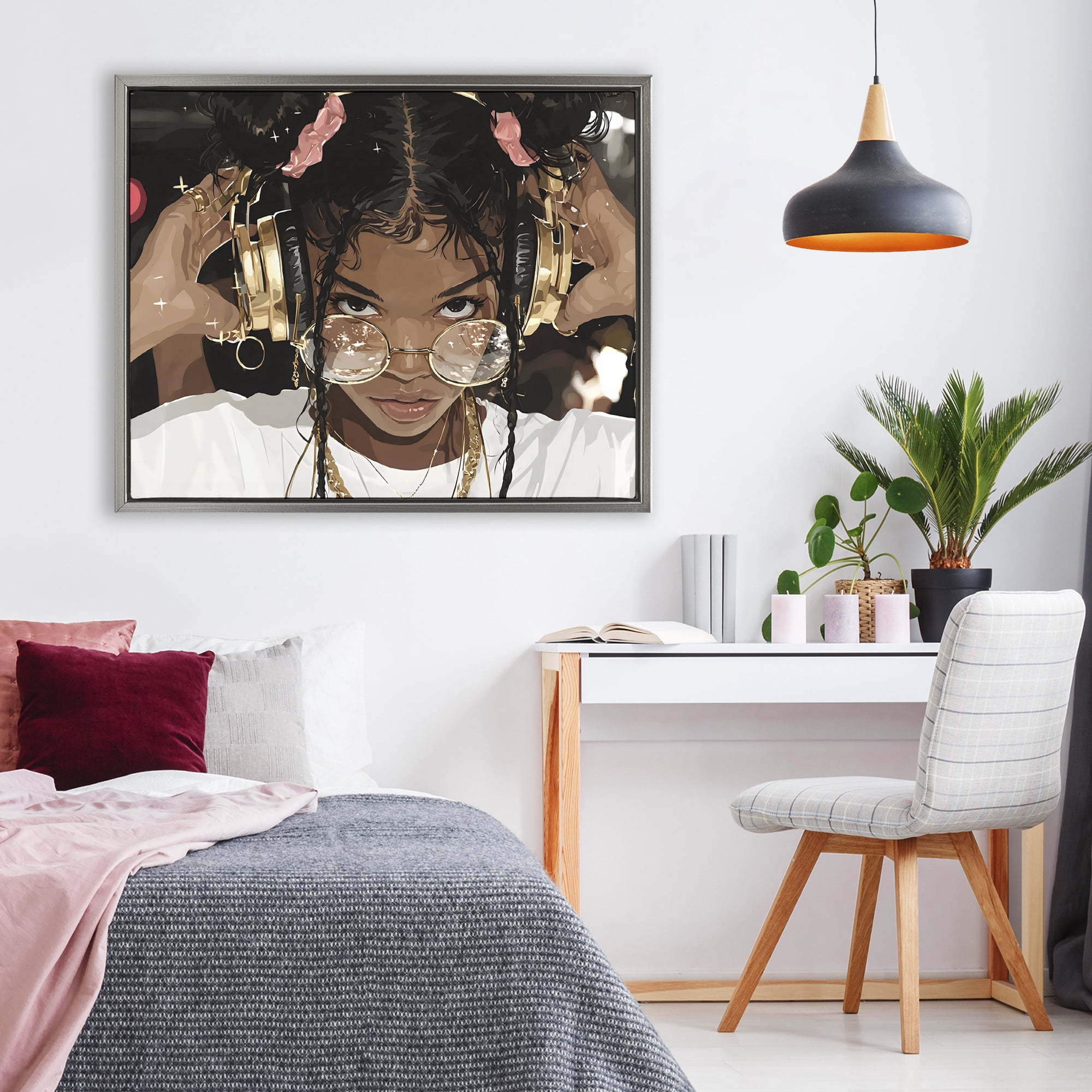 Stupell Industries Trendy Girl with Gold Headphones Gray Framed Floater Canvas Wall Art, design by Franklyn Gregory