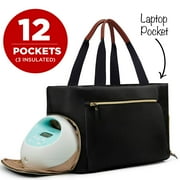 French KOKO Breast Pump Bag Diaper Tote Bag with 15 Inch Laptop Sleeve Fit Most Breast Pumps like Medela, Spectra S1,S2 Crossbody Bag Shoulder Bag Black