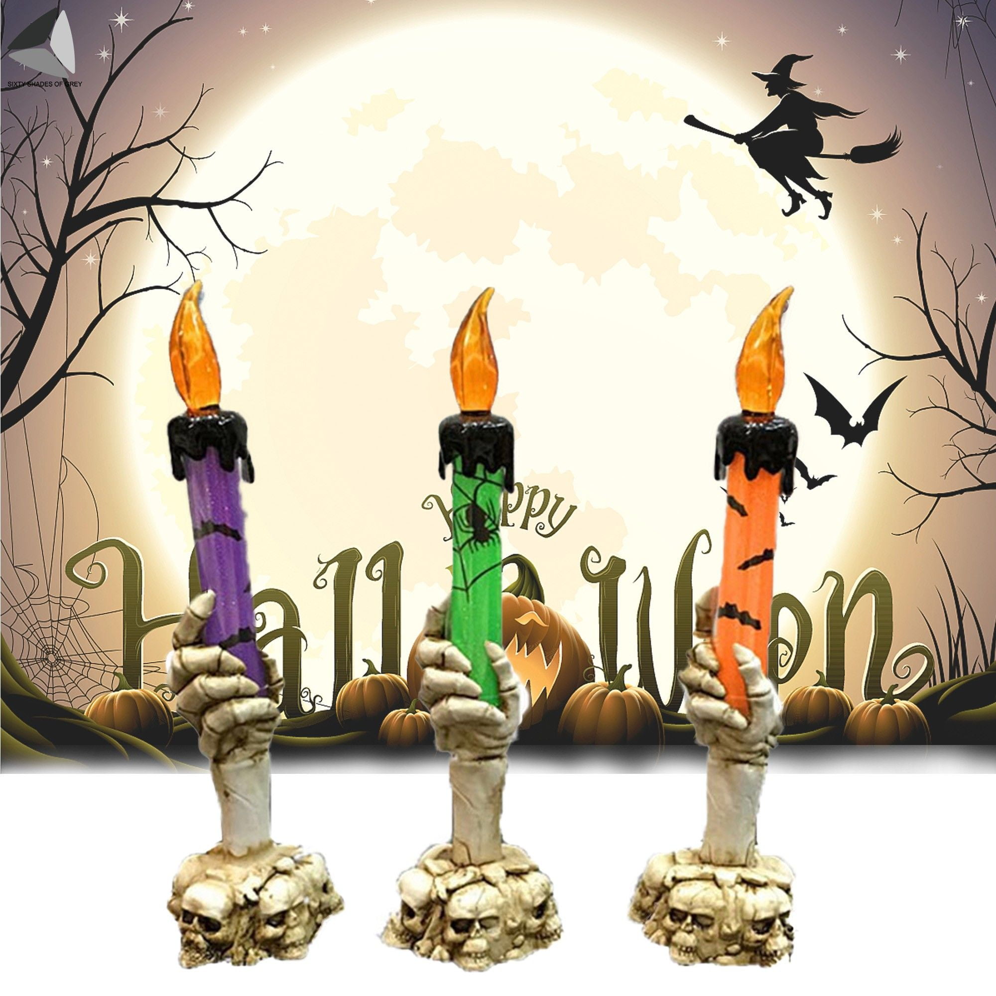 Sixtyshades 3 Pcs Halloween Skeleton Hand Candle Lights Battery