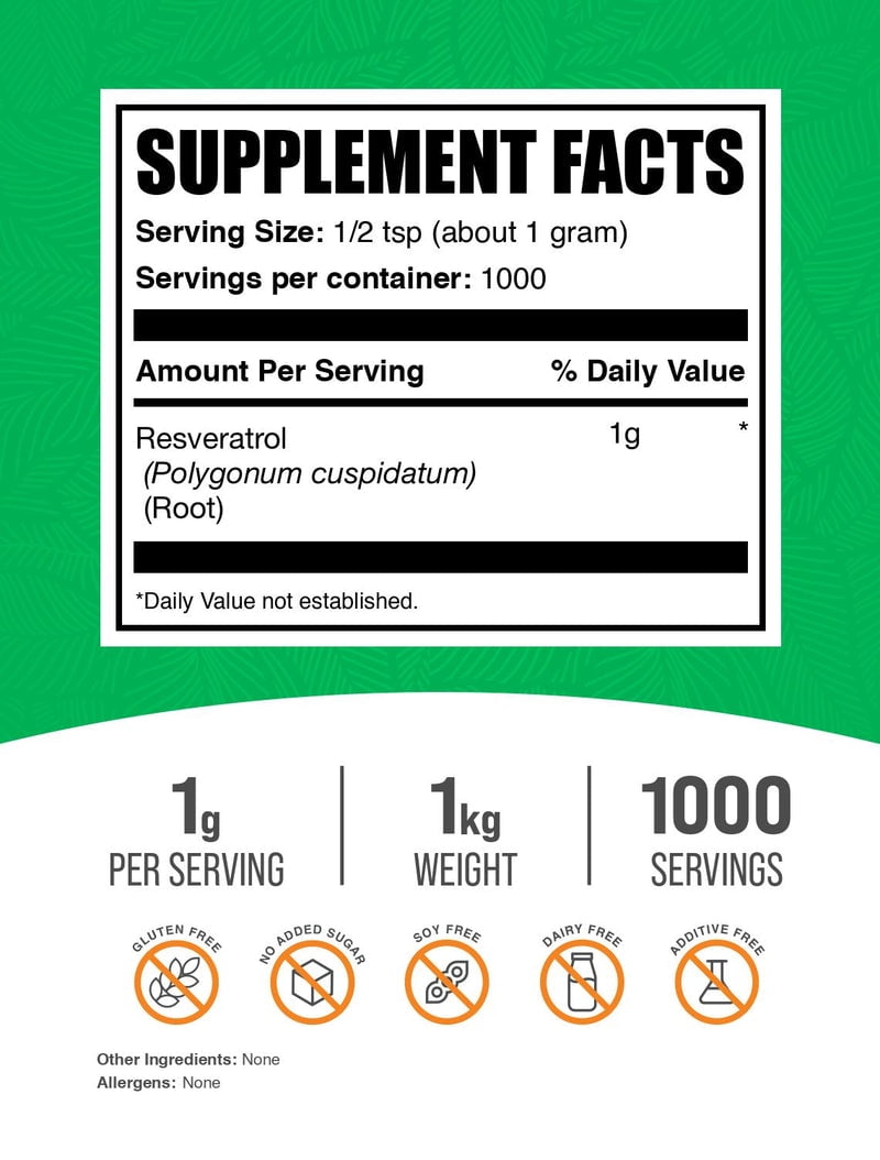 BulkSupplements Resveratrol Powder - 1 Kilogram (2.2 lbs)