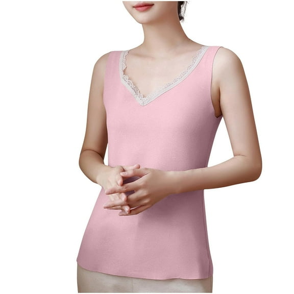 ZyeKqe Womens Lace Lightfleece Line Tops Casual V Neck Pajamas Vest Soft Comfy Sleepwear Loungewear