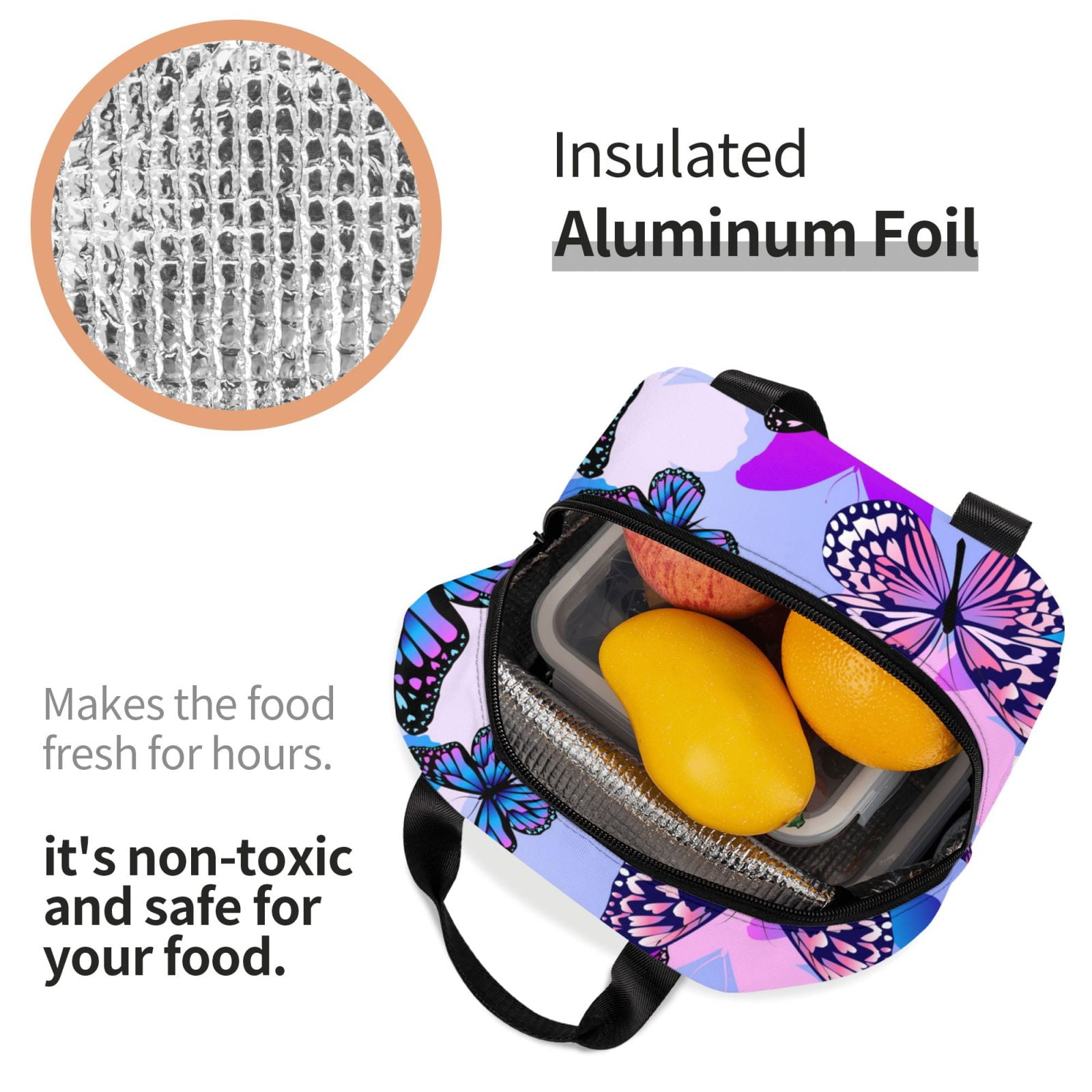 Defioc Flying Butterflies Print Lunch Box,Lunch Bag for Women Men Reusable Insulated Lunch Tote for Work/Office/Picnic/Travel